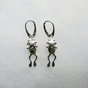 Boucles d'oreilles grenouille verte  - bijou ambre et argent